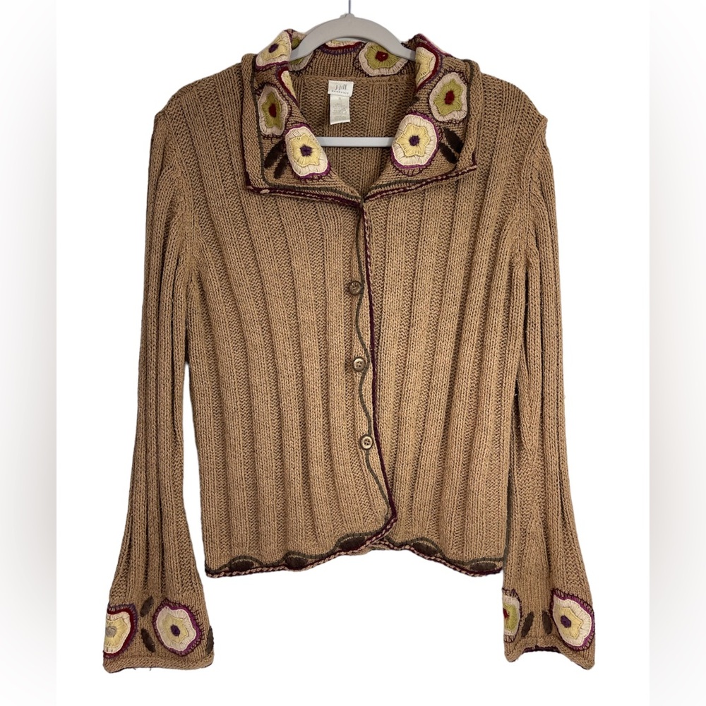J.Jill 🌼 Beige/Tan Floral Embroidered Handknit Sweater Size S